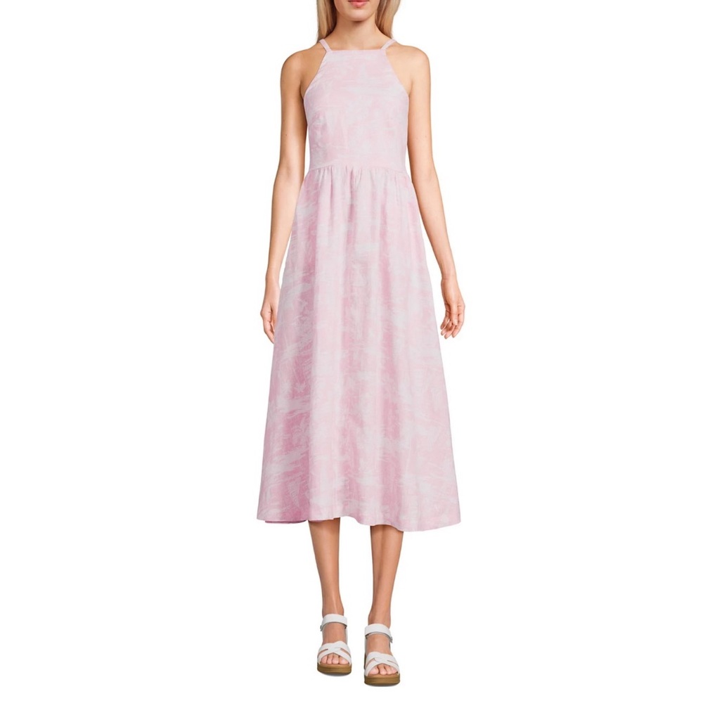 Lands' End 100% linen Pink Sailboat Scenic tropical, print midi length dress L